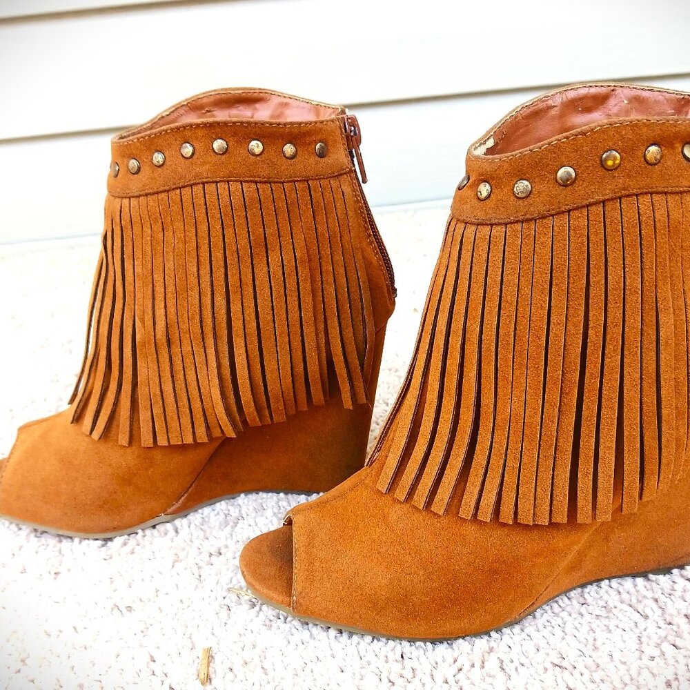 Adriana New York Cognac Suede Fringe Peep-Toe Wedge Booties - Picture 2 of 7